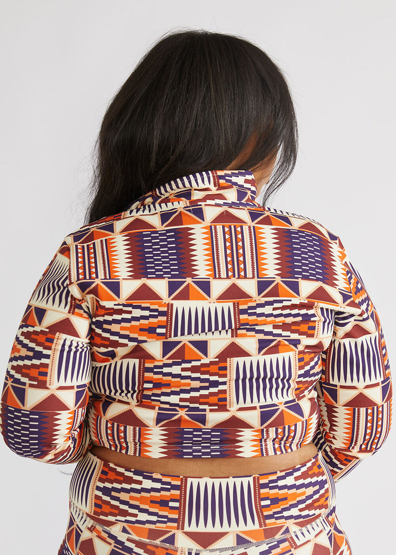 Anaya Women's African Print Zip-Up Crop Top (Cream Maroon Kente)