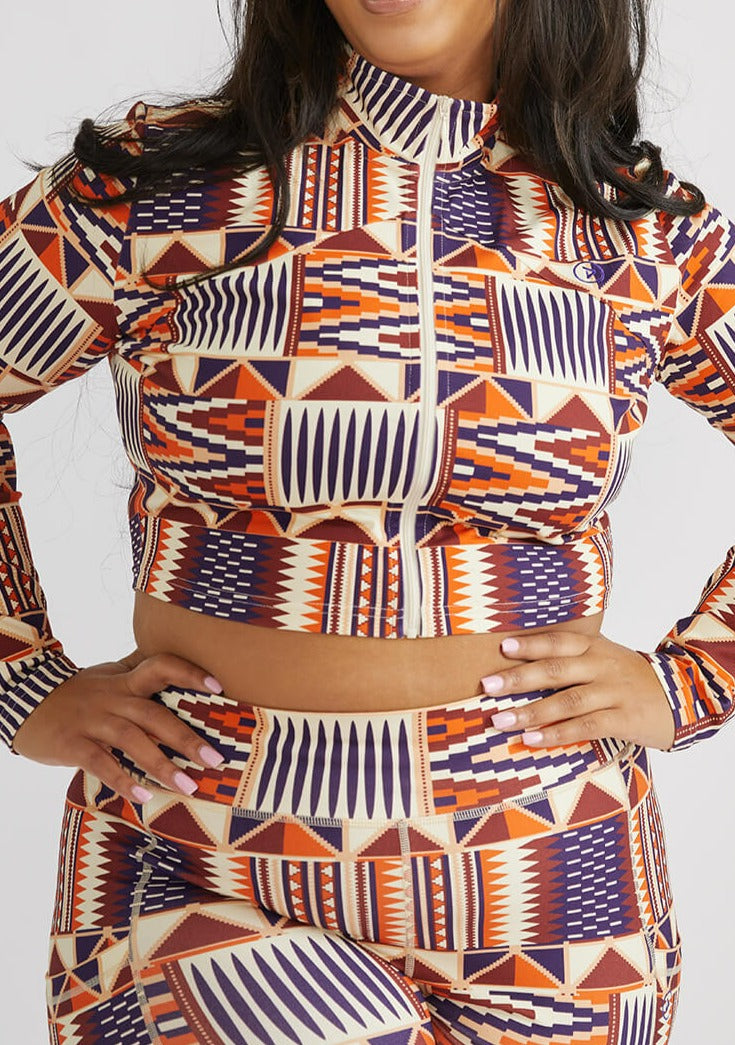 Anaya Women's African Print Zip-Up Crop Top (Cream Maroon Kente)
