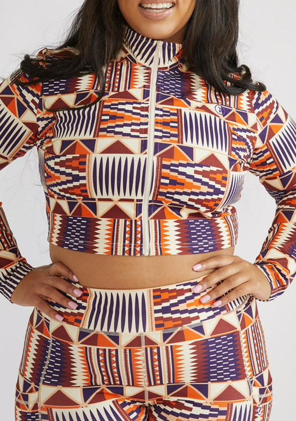Anaya Women's African Print Zip-Up Crop Top (Cream Maroon Kente)