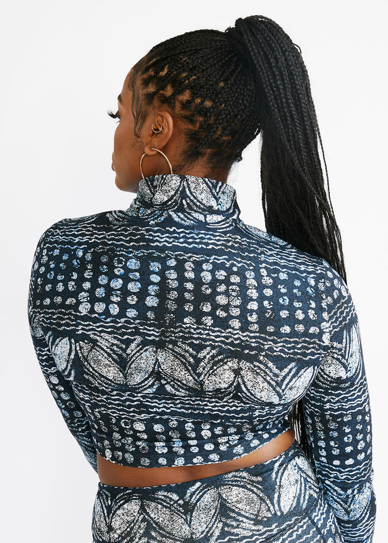 Anaya Women's African Print Zip-Up Crop Top (Navy Gray Adire) - Clearance