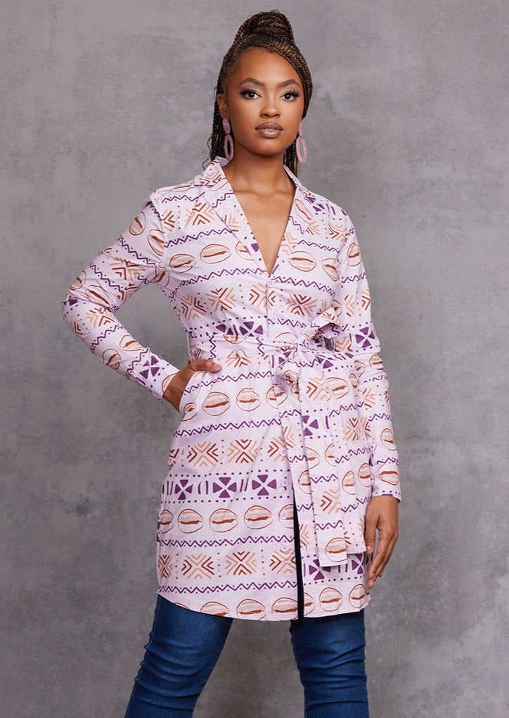 Aniyah Women's African Print Button-Up Shirt Dress (Mauve Plum Mudcloth) - Clearance