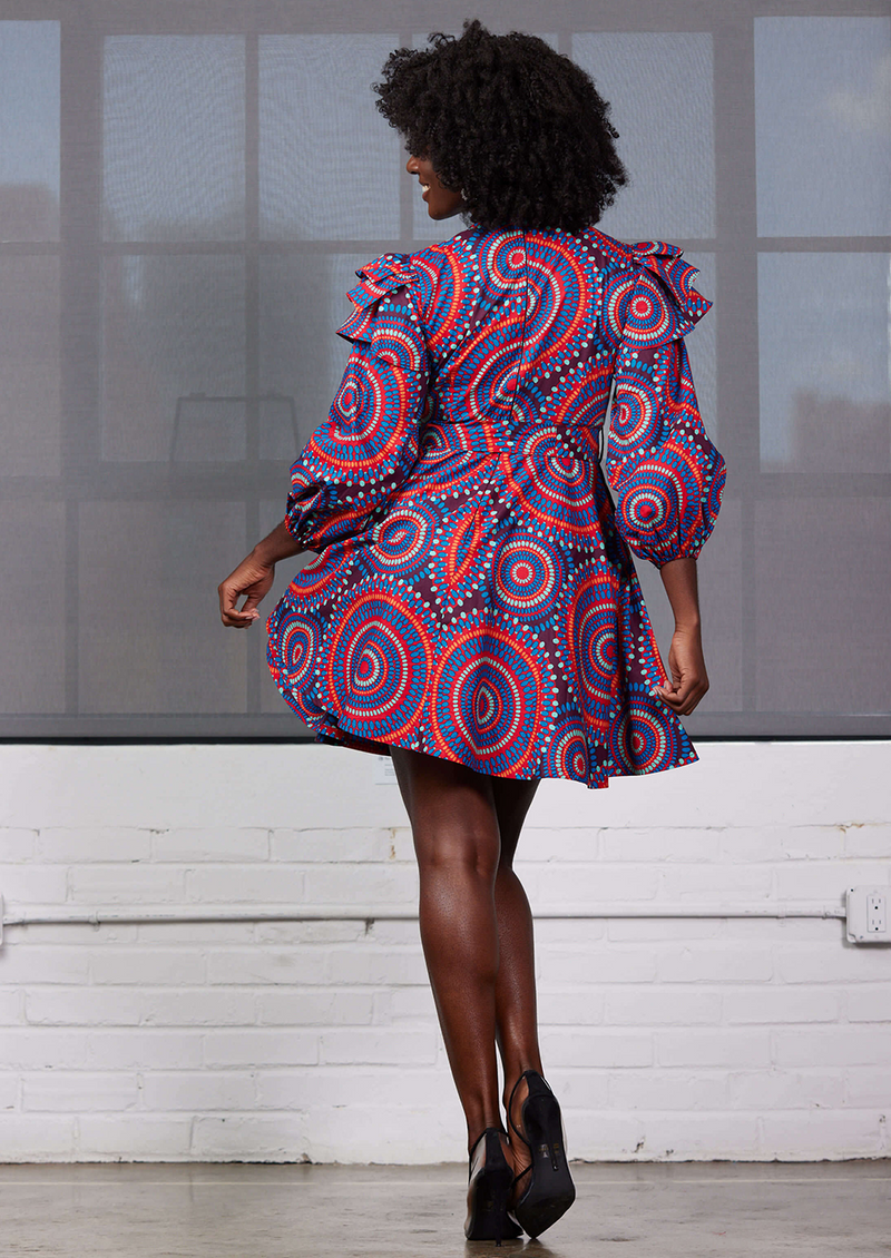 Anola Women's African Print Dress (Red Indigo Circles) - Clearance