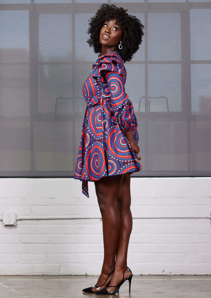 Anola Women's African Print Dress (Red Indigo Circles) - Clearance