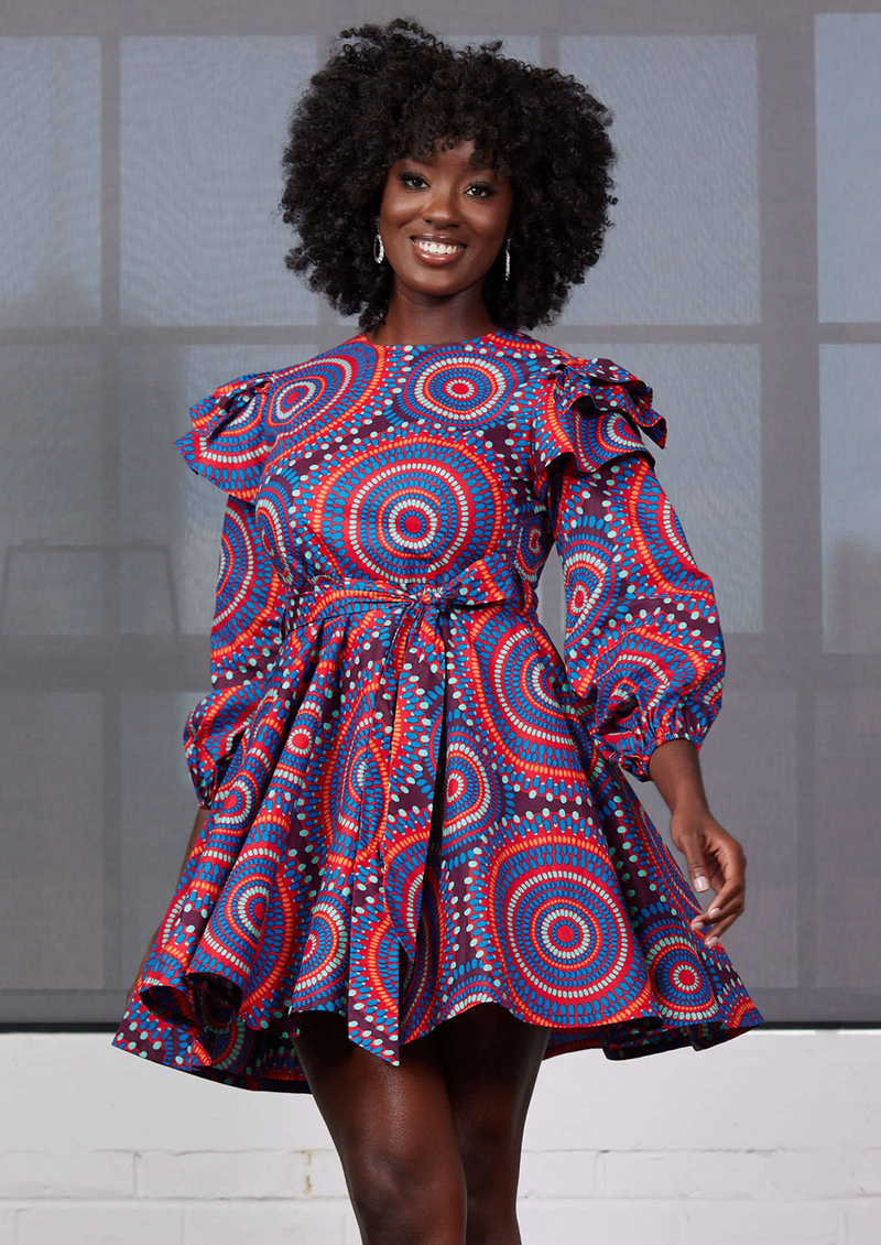 Anola Women's African Print Dress (Red Indigo Circles) - Clearance – D'IYANU