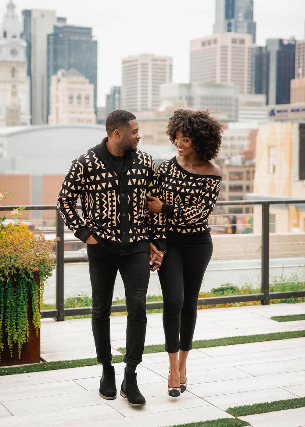 Aren African Print Button-Up Cardigan Sweater (Tan Black Tribal)