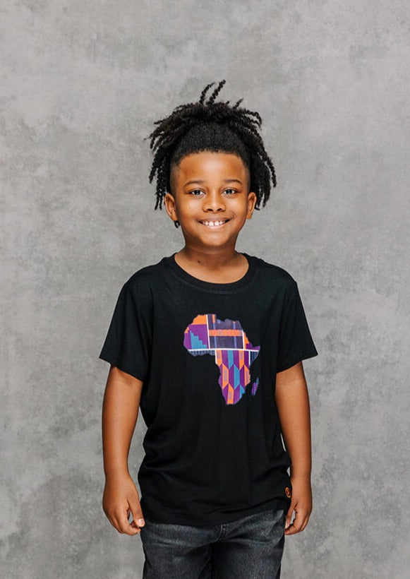 Bontu Kids' Unisex African Print Africa Map T-shirt (Black/Purple Navy Kente)