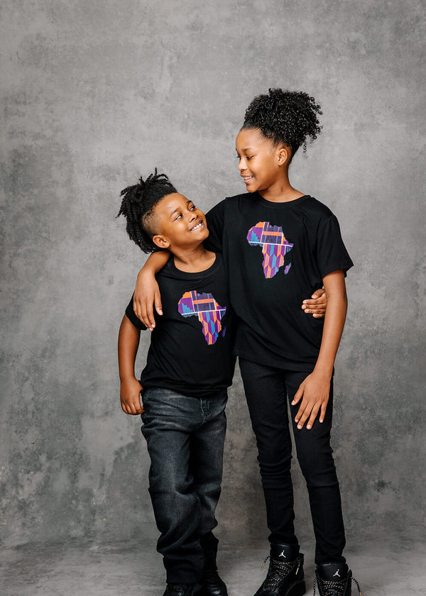 Bontu Kids' Unisex African Print Africa Map T-shirt (Black/Purple Navy Kente)