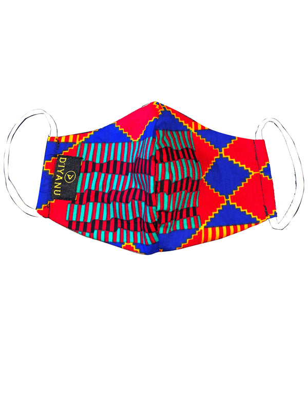Shaka African Print 3 Layer Reusable Face Mask (BLUE RED KENTE)-Clearance