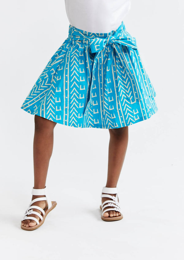 Bami Girl's African Print Skirt (Sky Blue Mudcloth) - Clearance