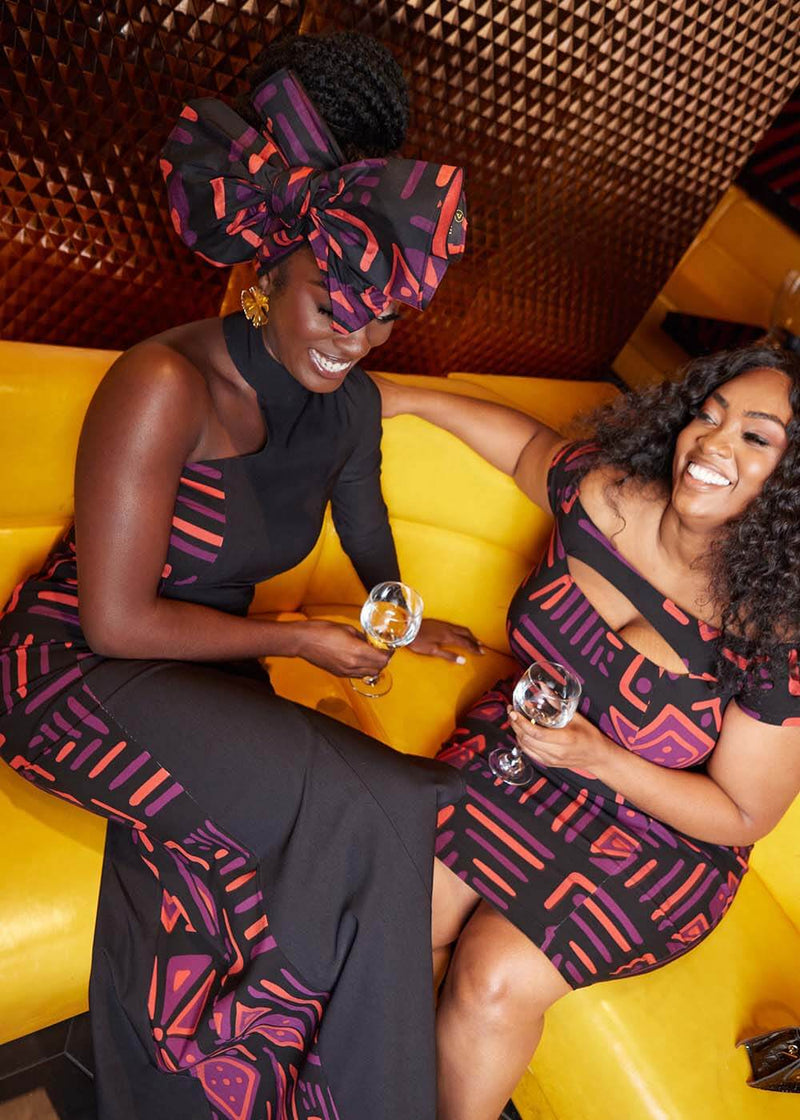 African Print Head Wrap/Scarf (Black Peach Tribal)