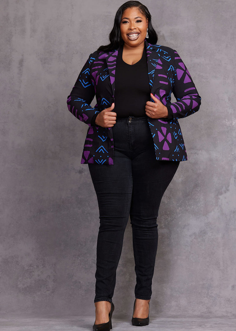 Uyai Women's African Print Stretch Blazer (Black Purple Mudcloth)