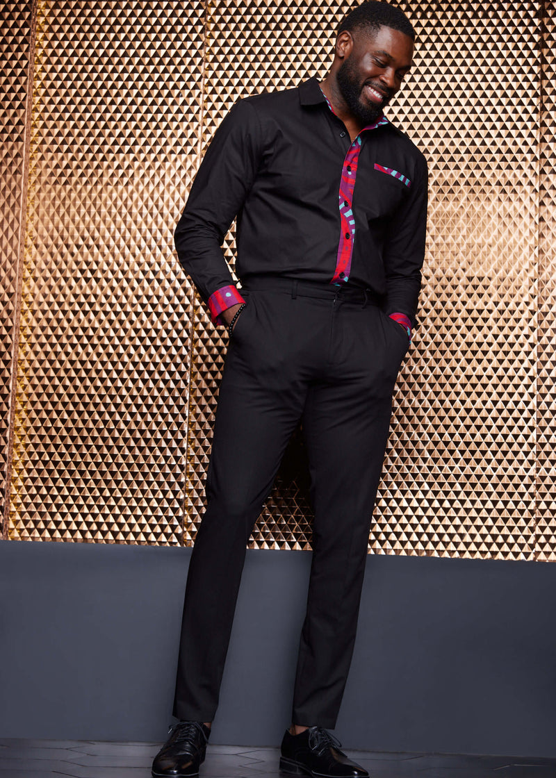 Bode Men's African Print Button-Up Shirt (Black/Red Mint Medallion)