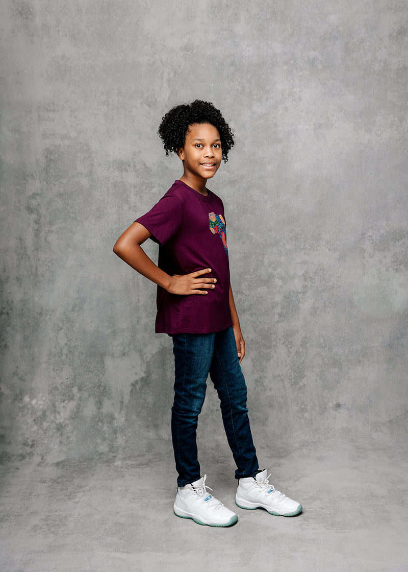 Bontu Kids' Unisex African Print Africa Map T-shirt (Plum/ New Harvest Multipattern)