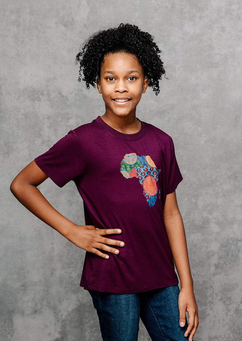 Bontu Kids' Unisex African Print Africa Map T-shirt (Plum/ New Harvest Multipattern)