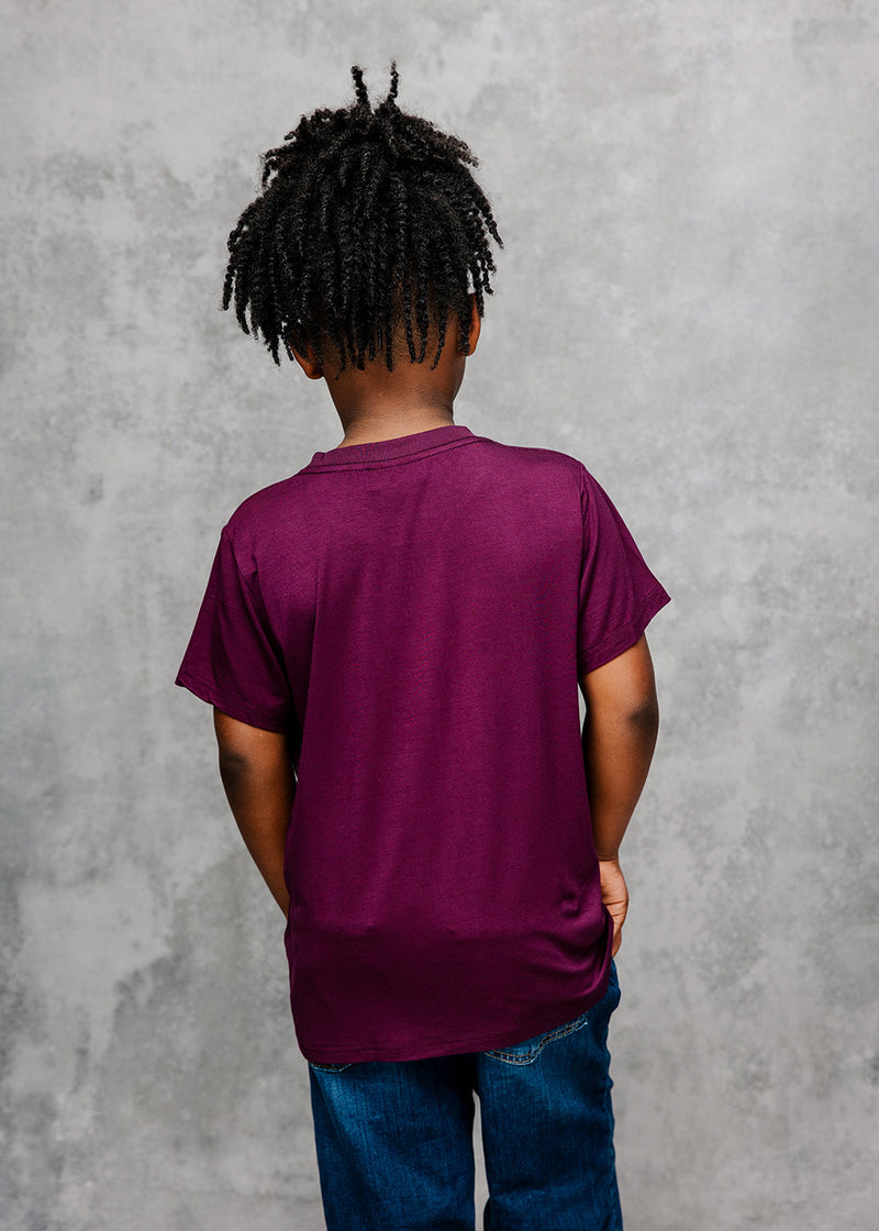 Bontu Kids' Unisex African Print Africa Map T-shirt (Plum/ New Harvest Multipattern)