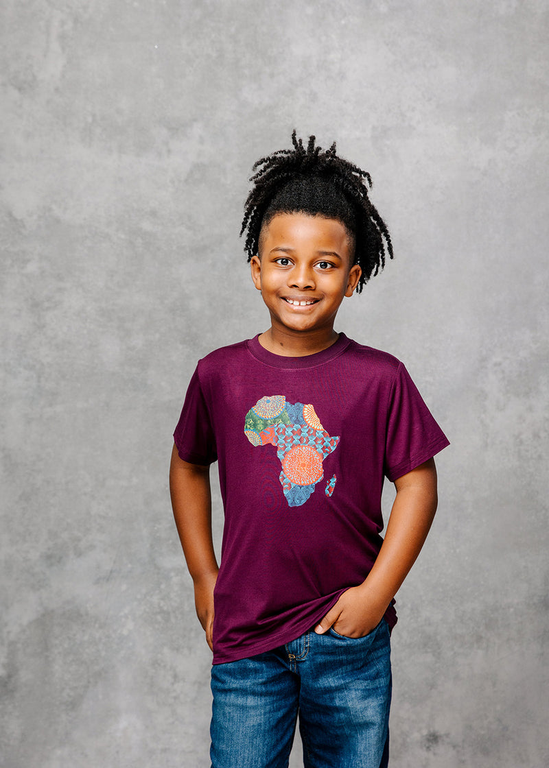 Bontu Kids' Unisex African Print Africa Map T-shirt (Plum/ New Harvest Multipattern)