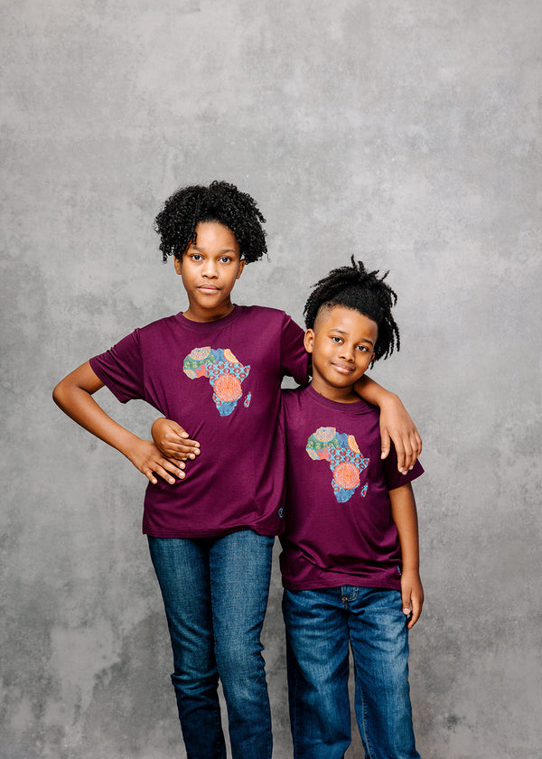 Bontu Kids' Unisex African Print Africa Map T-shirt (Plum/ New Harvest Multipattern)