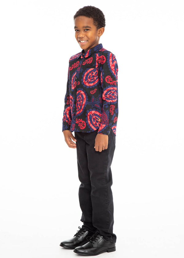 Kioko Boy's African Print Button-Up Shirt (Black Maroon Paisley)- Clearance