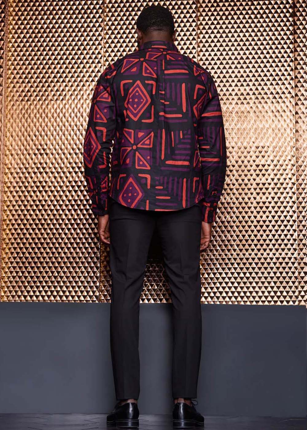 Chane Men's African Print Button-Up Shirt (Black Peach Tribal)