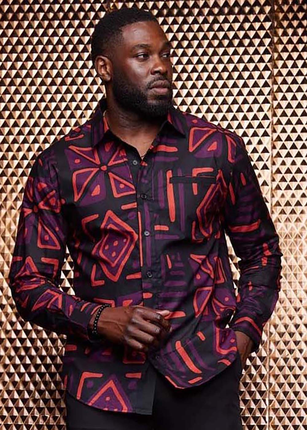 Chane Men's African Print Button-Up Shirt (Black Peach Tribal)