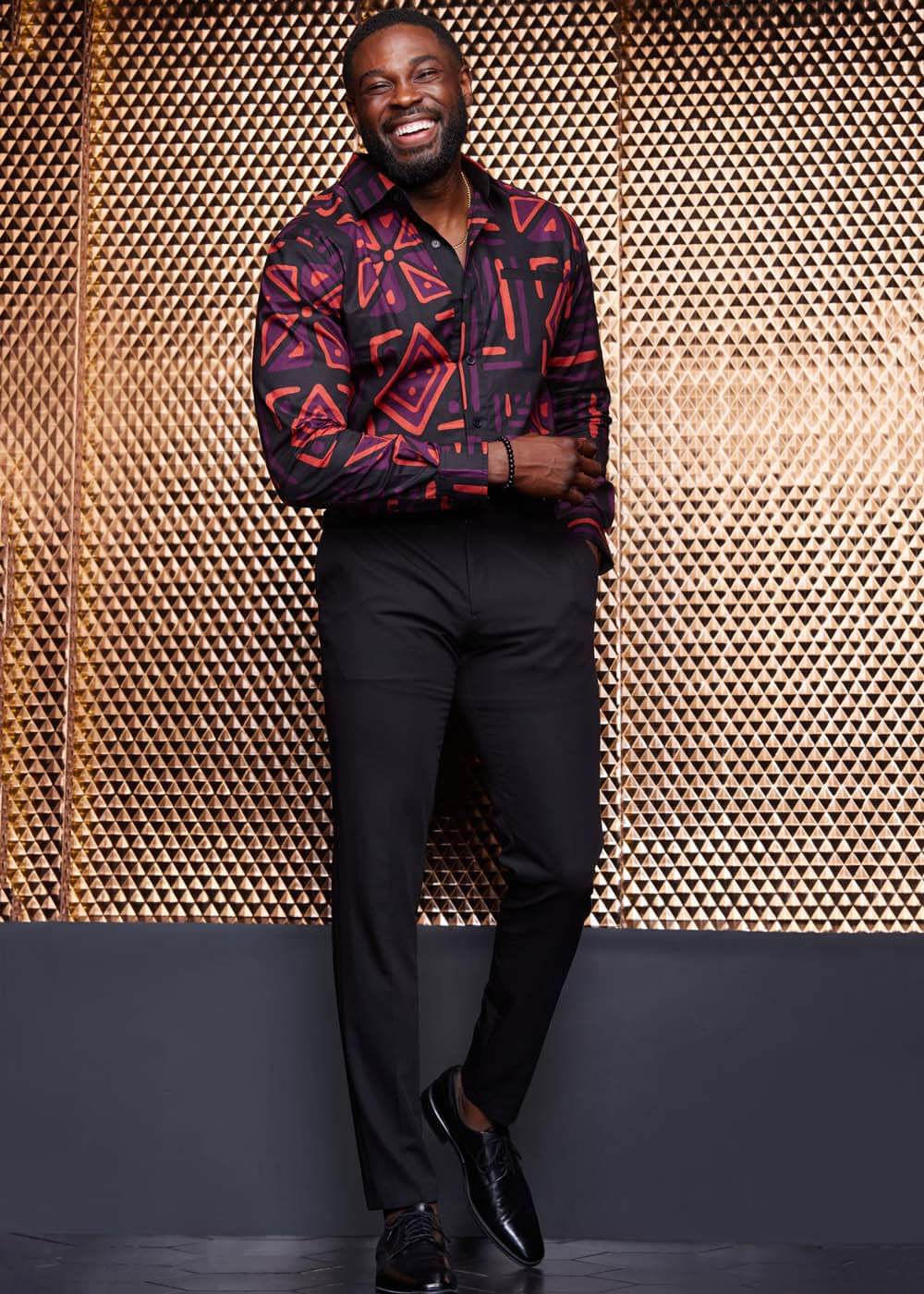 Chane Men's African Print Button-Up Shirt (Black Peach Tribal)