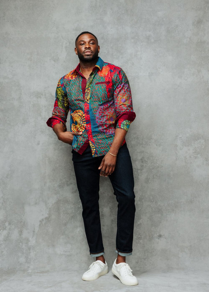 Chane Men's African Print Button-Up Shirt (New Harvest Multipattern)