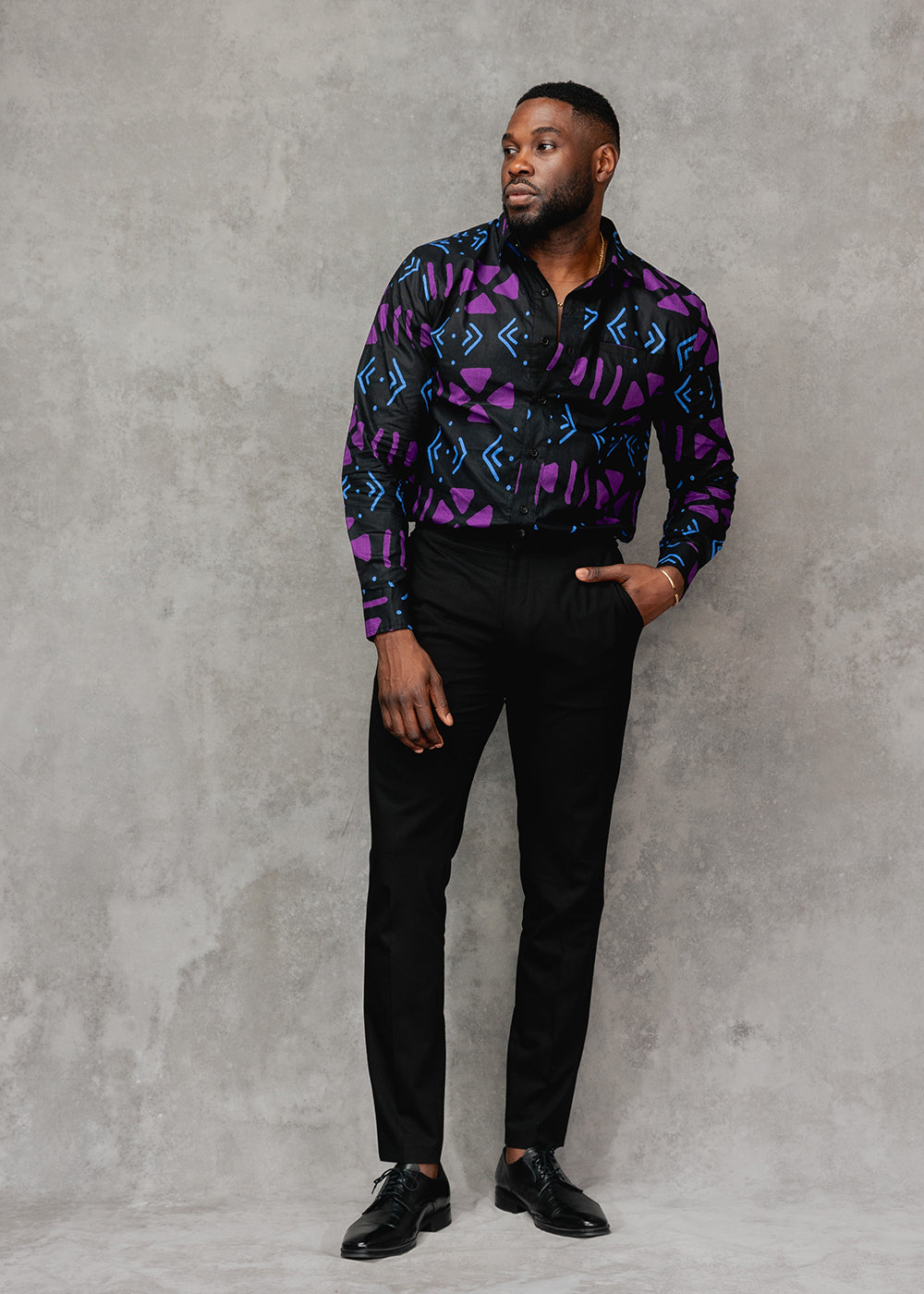 Chane Men's African Print Button-Up Shirt (Black Purple Mudcloth)