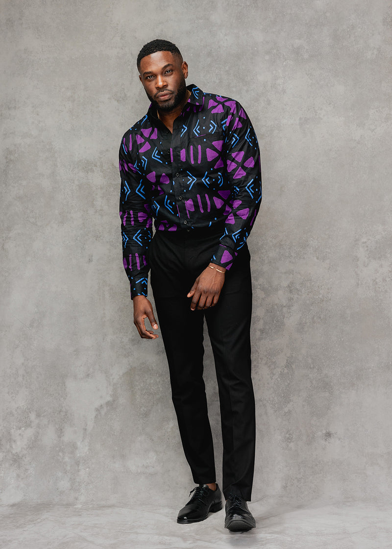 Chane Men's African Print Button-Up Shirt (Black Purple Mudcloth)