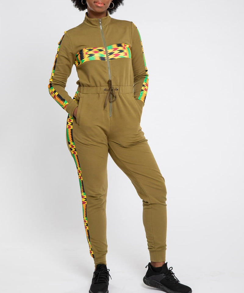 Imuna Women's African Print Color Blocked Zip-Up Jumpsuit (Olive Green/Gold Maroon Kente) - Clearance