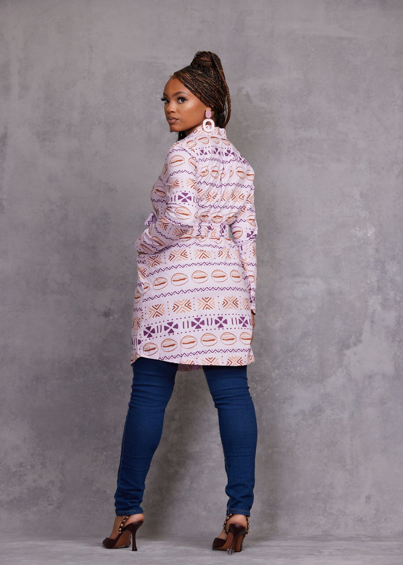 Aniyah Women's African Print Button-Up Shirt Dress (Mauve Plum Mudcloth) - Clearance