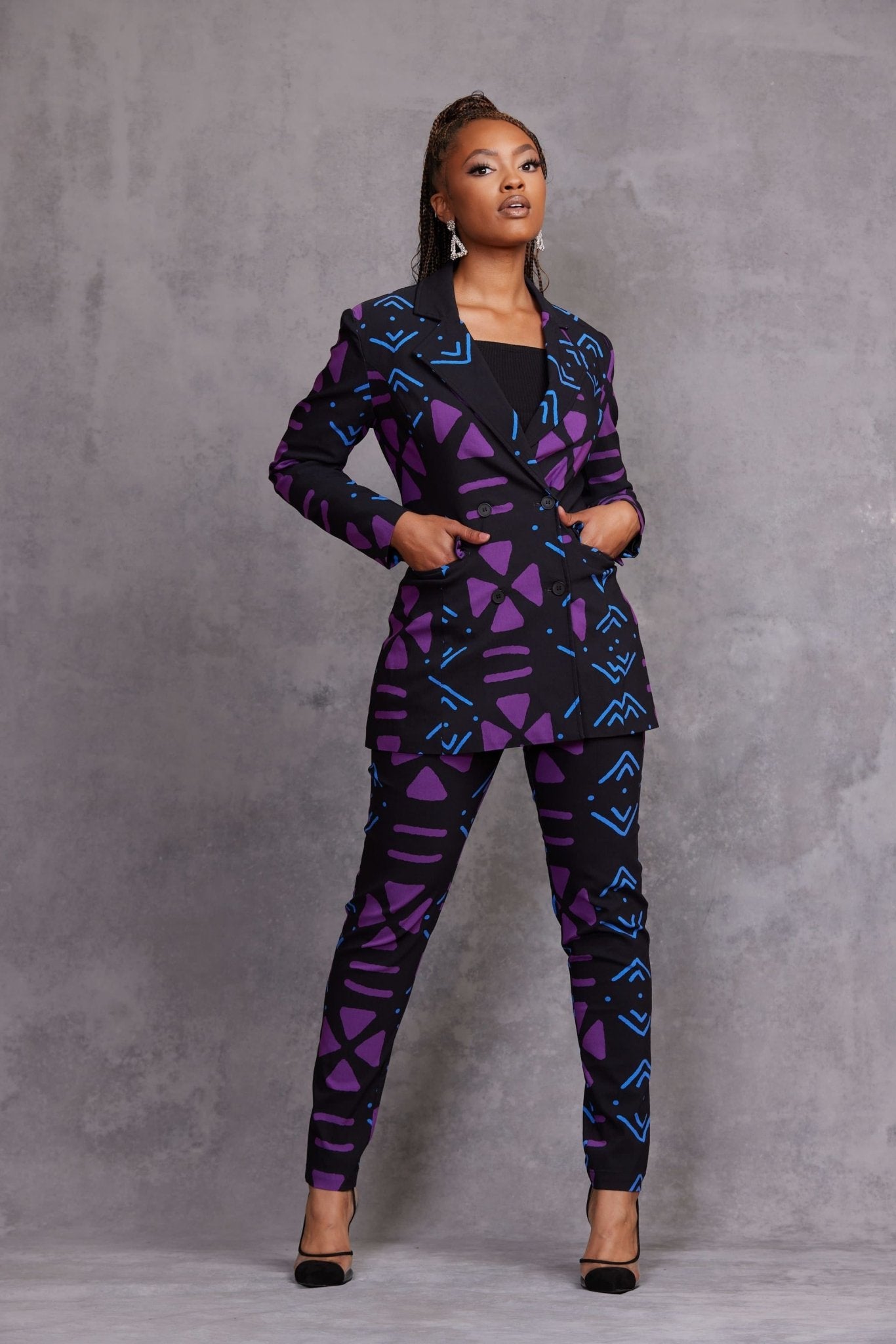 Talia Women's African Print Stretch Pants (Black Purple Mudcloth) - D'IYANU