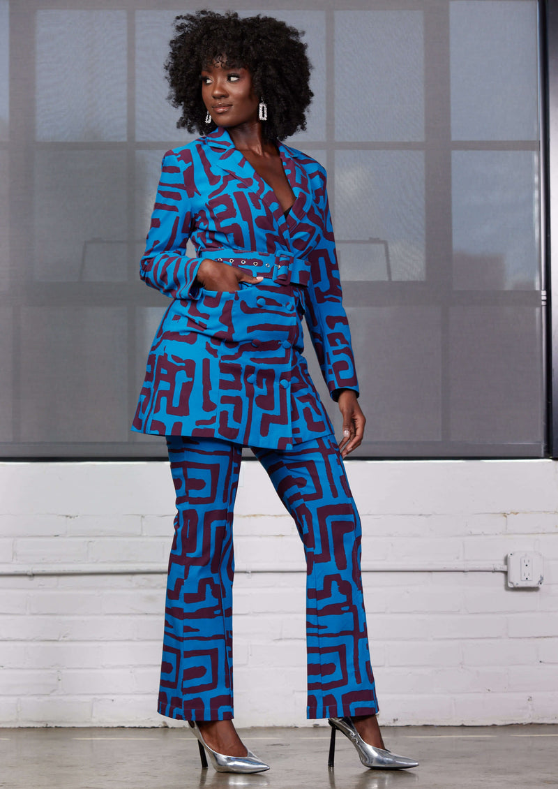 Aniq Women's African Print Stretch Blazer Dress (Fig Blue Geometric)