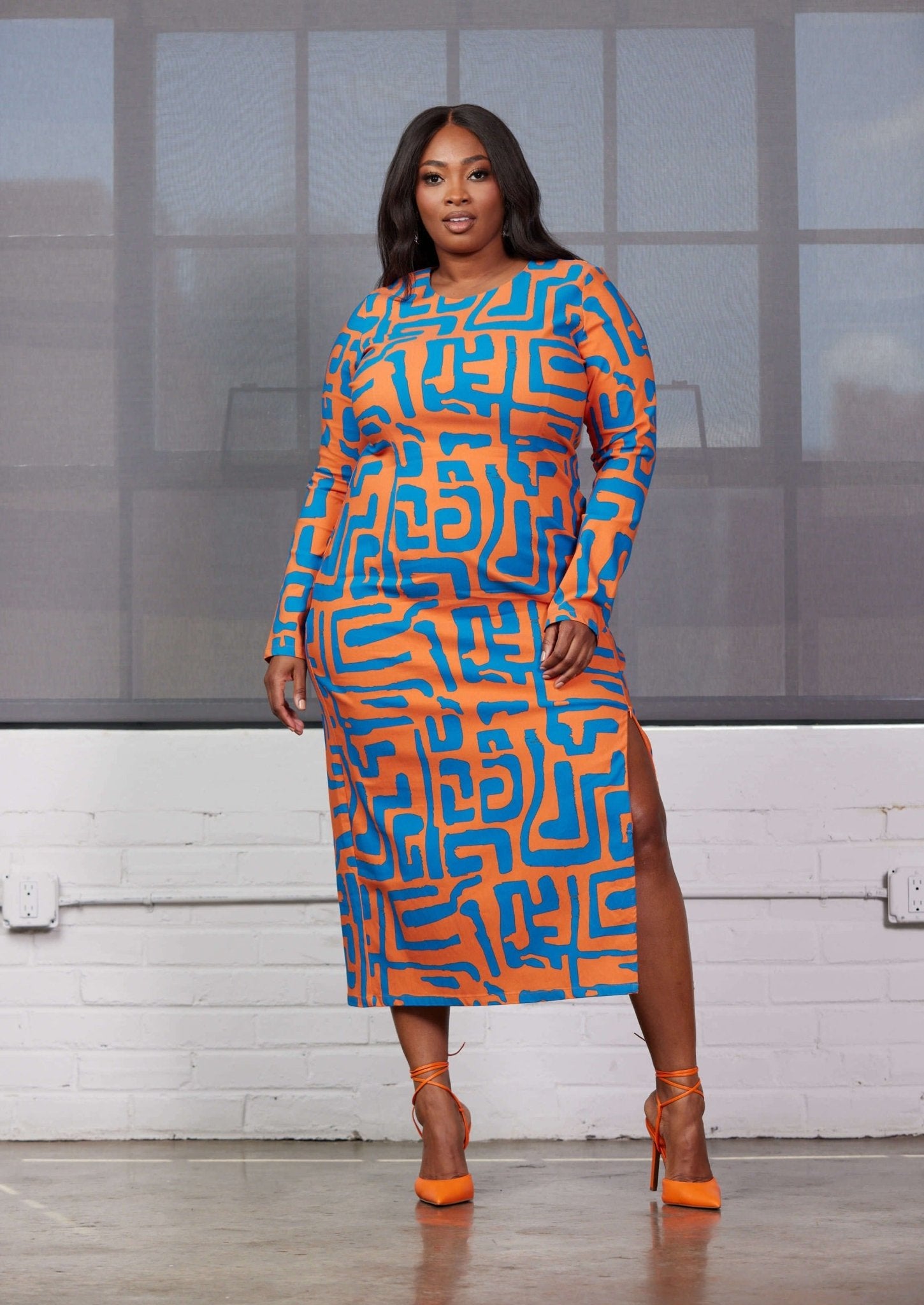 Chidima Women's African Print Stretch Midi Dress (Orange Blue Geometric) Orange - D'IYANU