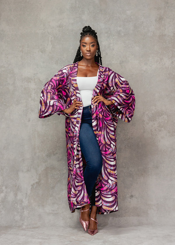 Efia Women's African Print Kimono (Plum Feathers)