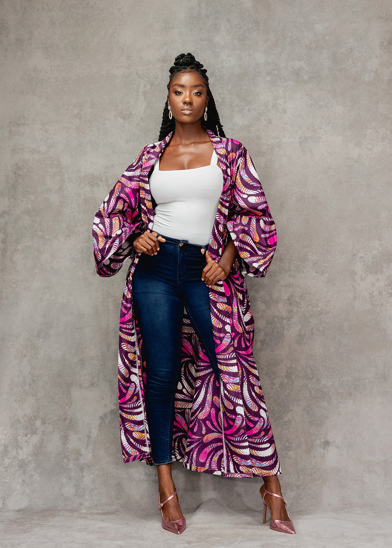 Efia Women's African Print Kimono (Plum Feathers)