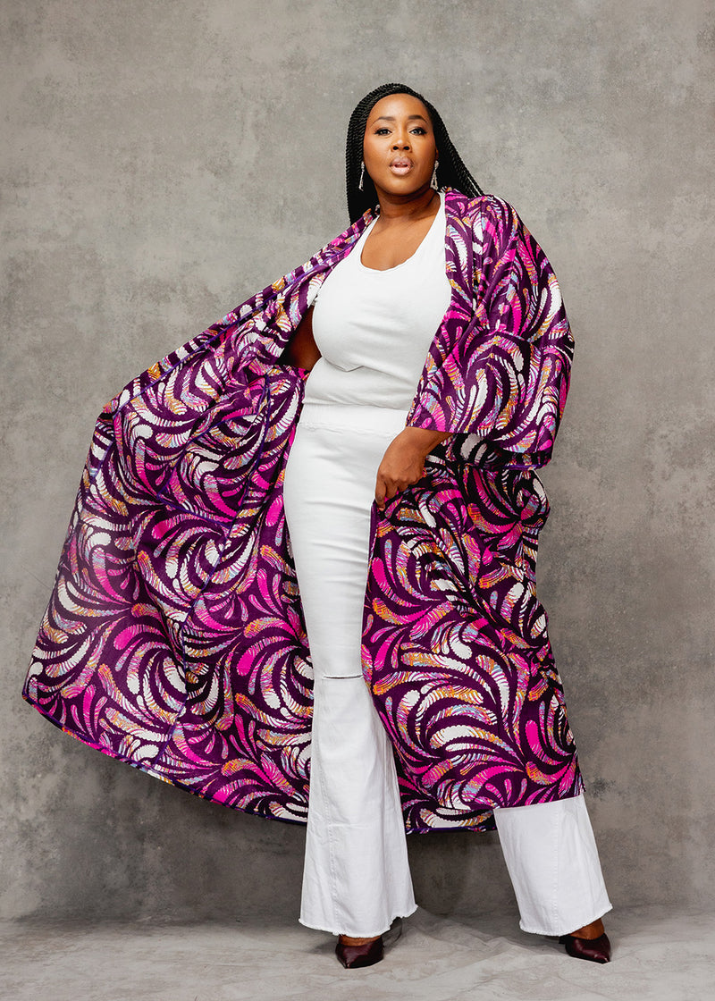 Efia Women's African Print Kimono (Plum Feathers)