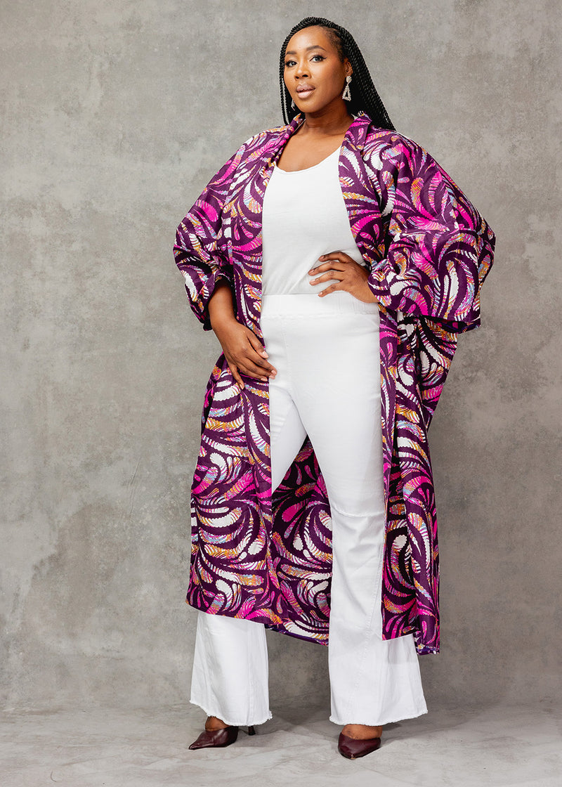 Efia Women's African Print Kimono (Plum Feathers)
