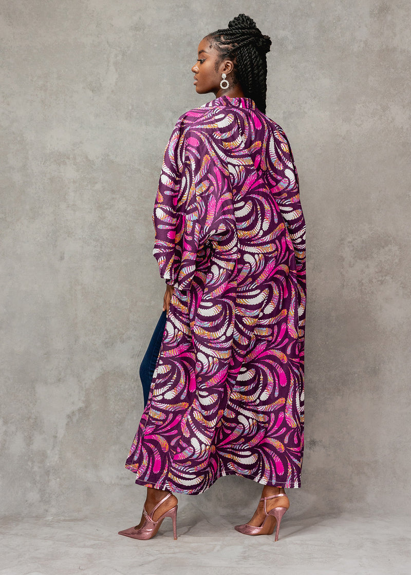 Efia Women's African Print Kimono (Plum Feathers)
