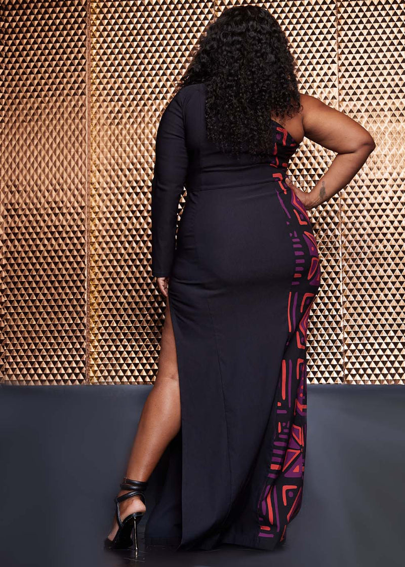 Elemi Women's African Print Stretch Color-Blocked Gown (Black Peach Tribal)