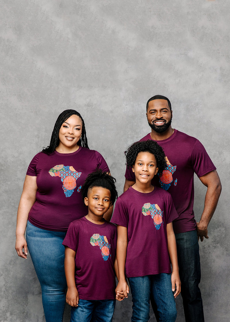 Bontu Kids' Unisex African Print Africa Map T-shirt (Plum/ New Harvest Multipattern)