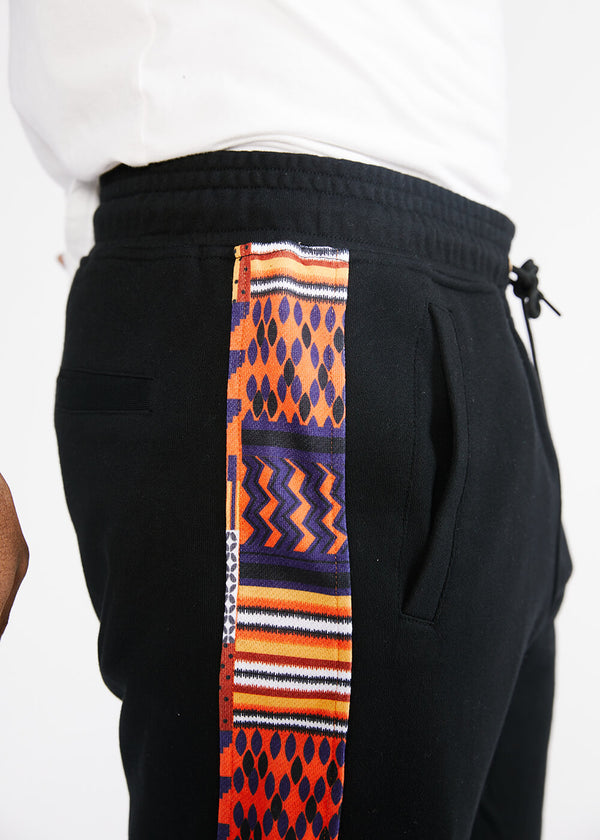 Faraji Men's African Print Color-Blocked Joggers (Black/Orange Navy Kente) - Clearance