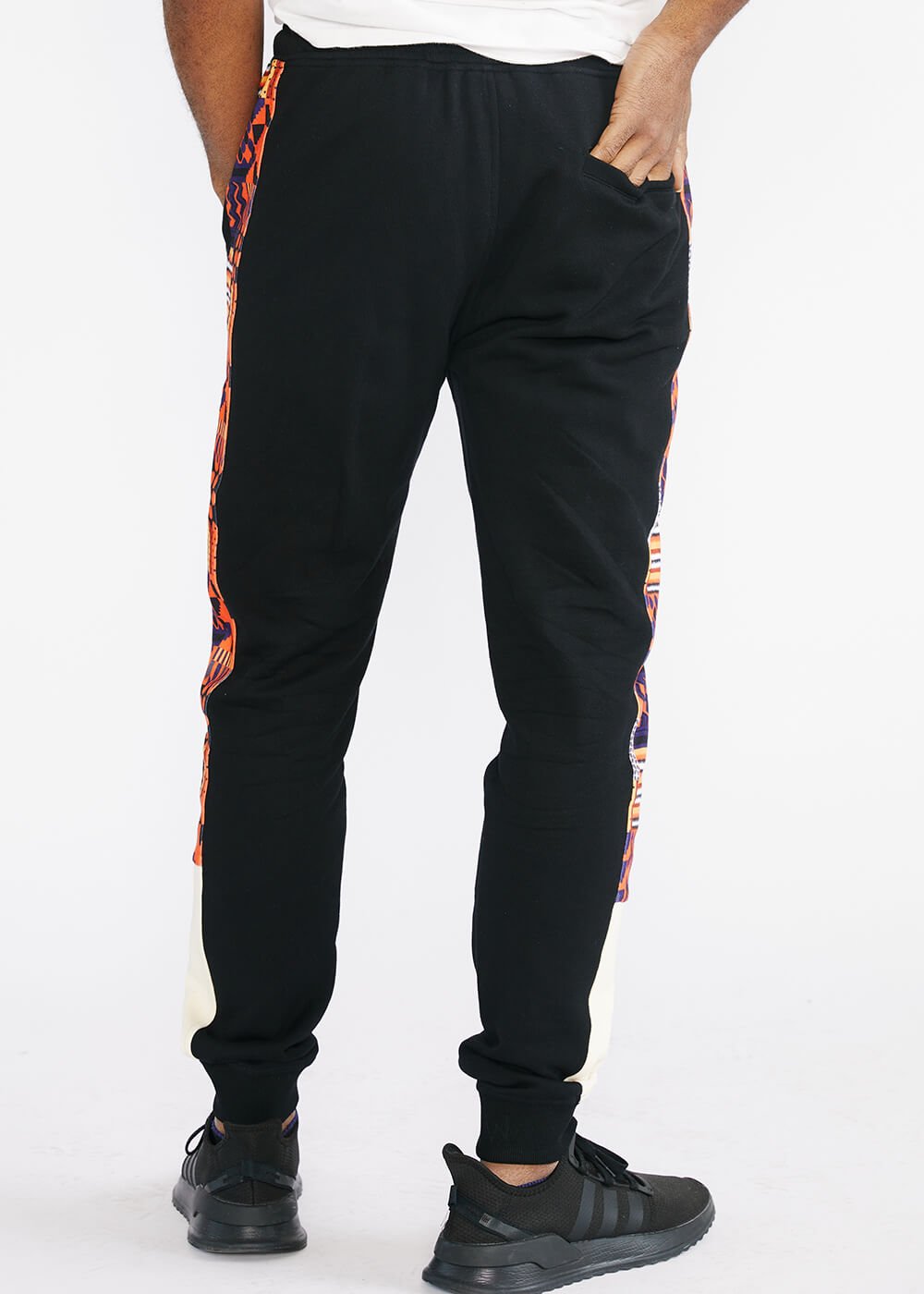 Faraji Men's African Print Color-Blocked Joggers (Black/Orange Navy Kente) - Clearance - D'IYANU