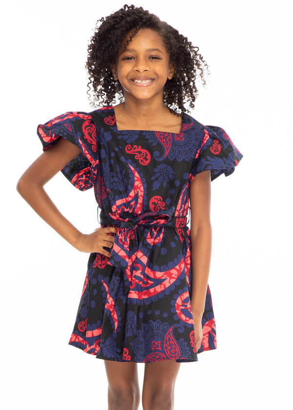 Zawadi Girl's African Print Dress (Black Maroon Paisley) - Clearance