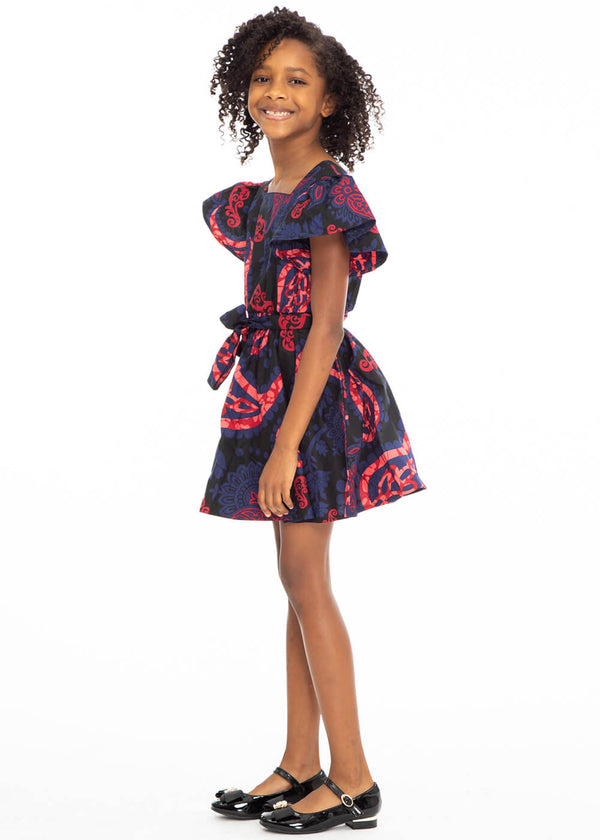 Zawadi Girl's African Print Dress (Black Maroon Paisley) - Clearance