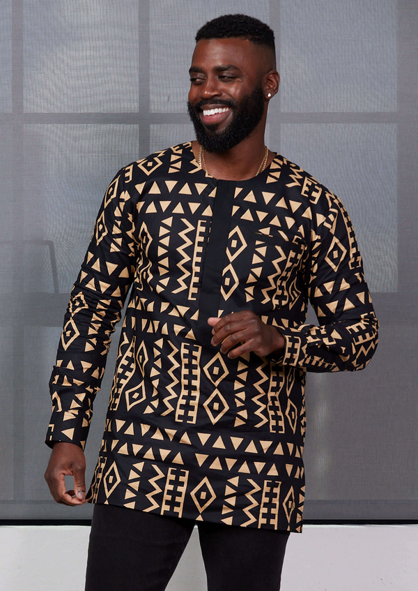 Ibrahim Men's African Print Traditional Shirt (Tan Black Tribal)