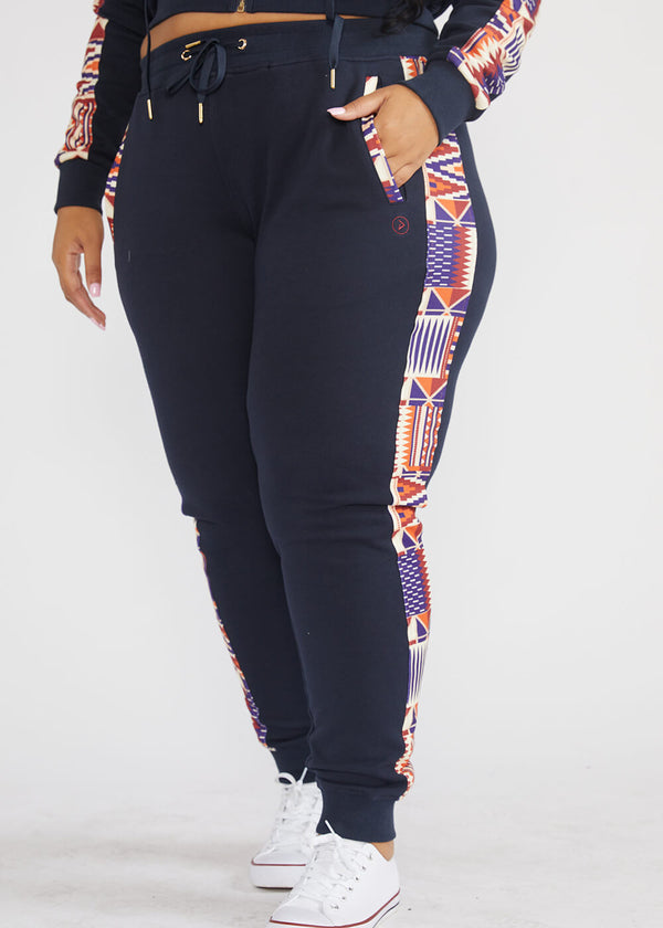 Ilipe Women's African Print Color-Blocked Joggers with Stripe (Navy/ Cream Maroon Kente) - Clearance