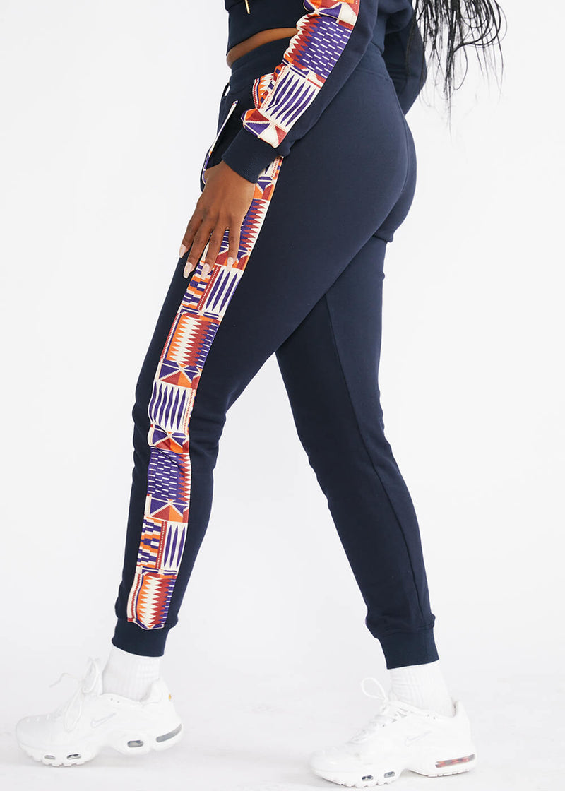 Ilipe Women's African Print Color-Blocked Joggers with Stripe (Navy/ Cream Maroon Kente) - Clearance