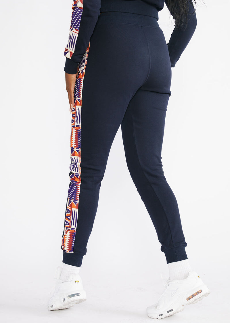 Ilipe Women's African Print Color-Blocked Joggers with Stripe (Navy/ Cream Maroon Kente) - Clearance