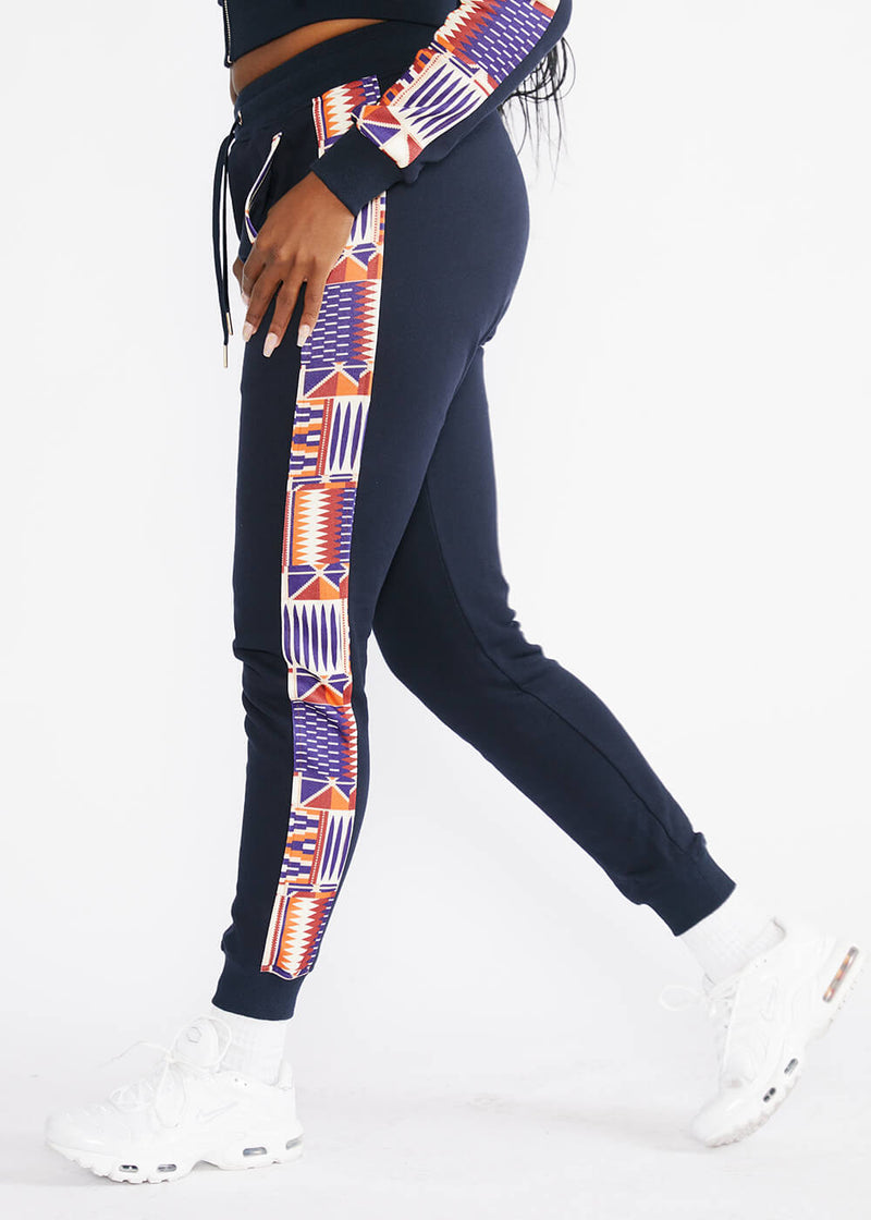 Ilipe Women's African Print Color-Blocked Joggers with Stripe (Navy/ Cream Maroon Kente) - Clearance