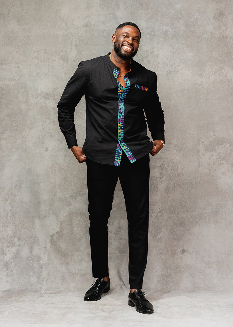 Ireti Men's African Print Button-Up Shirt (Black/Jade Amber Adire)
